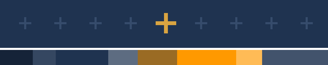 Masthead band in navy, gold and orange with a row of plus marks, the mark used throughout 110 + 2.
